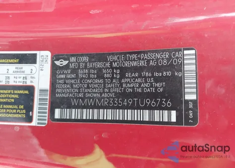 2009 Mini Cooper from USA, damaged, VIN WMWMR33549TU96736